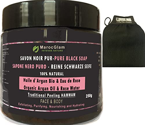 Savon Noir Hammam à l'huile d'argan BIO et à l'Eau de rose pure + Gant de gommage Kessa. Gommage au savon noir Corps et Visage, Purifiant Hydratant et Nourissant