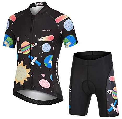 YFPICO Maillot Vélo Manches Courtes et Cuissard Cycliste VTT 3D Coussin Rembourré Tenue Cyclisme Confort Enfant Garçon Fille, Noir, 5-6 Ans/S