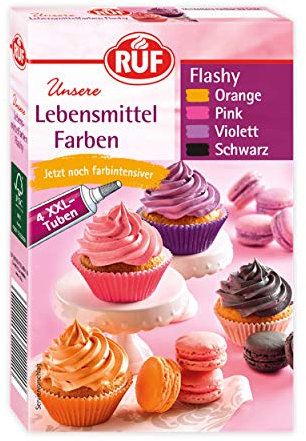 RUF Lebensmittel-Farben Flashy, 4 XXL Tuben in Orange, Pink, Violett, Schwarz, zum Färben von Teigen, Joghurt, Eis und Torten-Cremes, 4 x 20g