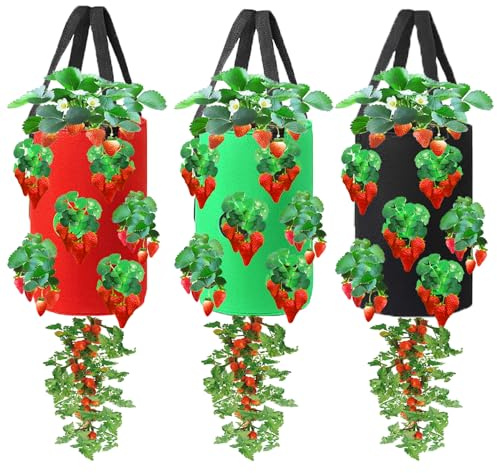 Miewslan 3 Pieces Upside Down Tomato Planter, 3 Gallons Grow Bags Hanging Strawberry Planter Strawberry Tomato Potato Vegetable Planting Bag with 13 Holes(Red+Green+Black)