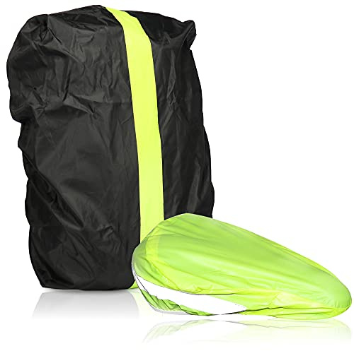 com-four® 2-teiliges Regenschutzset, Wasserdichter Rucksackschutz | Regenhüllen mit gelbem Reflexionsstreifen
