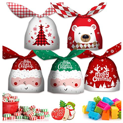 Leesgel Weihnachten Geschenkbeutel, 50 Stücke Geschenkbeutel Weihnachten, Candy Tüten Weihnachten Cookie Beutel, Geschenktüten Set, Kunststoff Gunst Taschen Geschenkverpackung Weihnachten