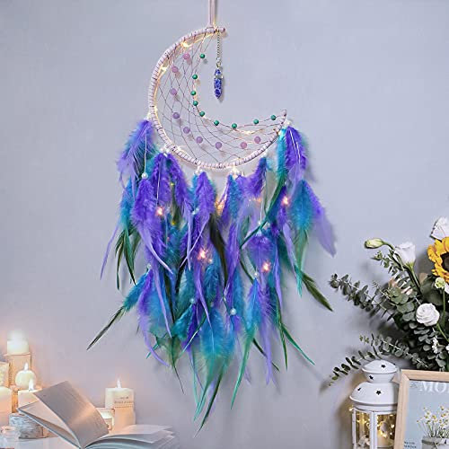 Dremisland Traumfänger mit LED Licht Handgefertigt Mond Dreamcatcher mit Federn Boho Dekoration Blau Lila Federn Wandbehang Ornament Macramé Kinderzimmer-Accessoires für Mädchen Kinder Geschenk