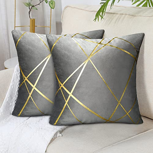 40x40Cm Samt Kissenbezug 2er Set Grau Bronzieren Geometrie Dekokissen Kissenhülle Sofakissen Couchkissen Dekorative Kissen Kissenbezüge Zierkissen Bezug für Schlafzimmer Sofa Bett