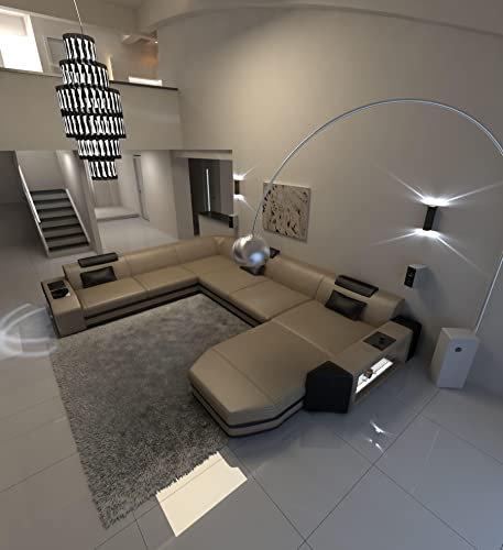 XXL Sofa Wohnlandschaft Prato Ledersofa U Form - mit LED Beleuchtung, verstellbare Kopfstützen, Recamiere/Lederfarben wählbar/Ausrichtung wählbar (Ottomane rechts, Sandbeige-Schwarz)