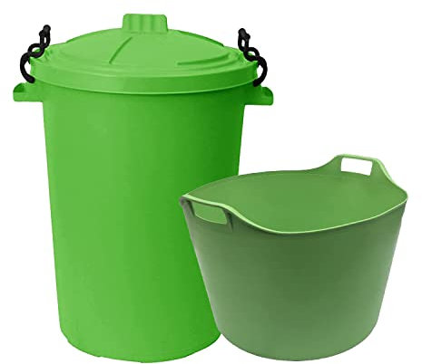 SET OF 50L Heavy Duty Plastic Clip Lock Lid Bin Rubbish Storage For Animal Feed with 75L Versatile Multipurpose Extra Large Flexi Tub (Lime Green)