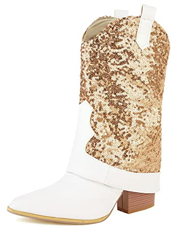 MJIASIAWA Donna Senza Chiusura Moda A Collo Alto Sequins Stivali Western Pelle Lined Sposa Vestito Warm Tacco Alto A Blocco Stivali Equitazione Oro Numero 40 EU/41 Asiatico