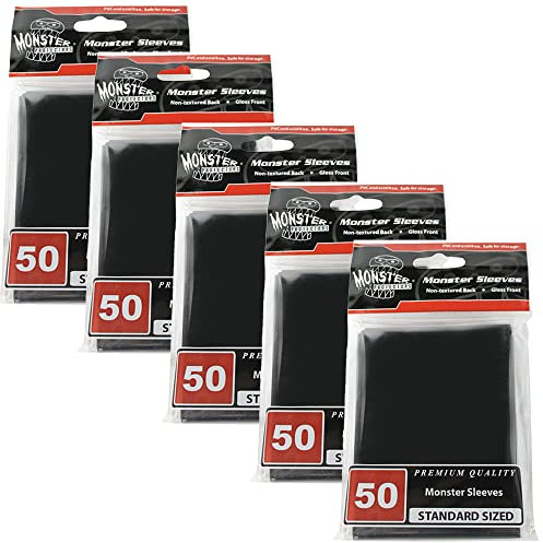 Monster Protectors Sleeves - 250 Pack - Standard Size Black Glossy - Compatible with Magic The Gathering, Yugioh, Pokémon and Other Standard Sized Gaming Cards
