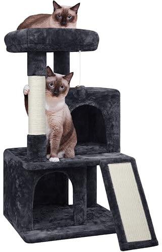 Yaheetech Kratzbaum, Stabiler Katzenbaum 91 cm Katzenkratzbaum, mit 2 Häuschen Sisal und Spielball, Spielbaum für Katzen, Schwarz