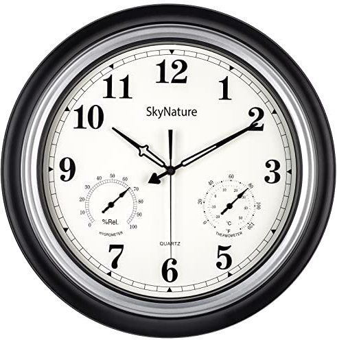 SkyNature Large Outdoor Clock, 45cm Retro Waterproof Garden Clock with Thermometer and Hygrometer, Silent Non-Ticking Metal Clock, Decor Clock for Patio, Pool, Fence, Porch, Bathroom - Black Silver