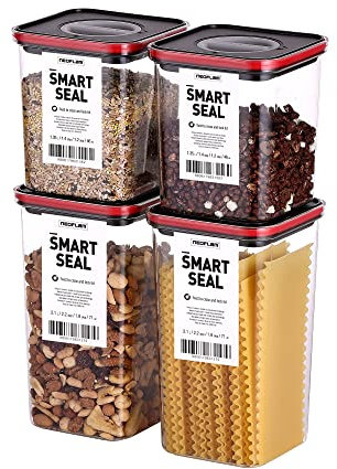 Neoflam® -Smart Seal Set of 4 Food Storage Containers, BPA-Free, Airtight, Dishwasher Safe, Storage Container with Lid Black/Red, Storage Box for Cereal, Flour etc. - 2x 1.35L & 2x 2.1L