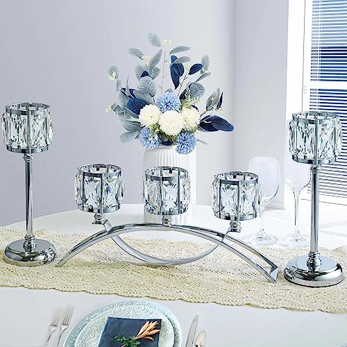 KEHAIL Kristall-Kerzenhalter mit 3 Armen, Bogen-Kerzenständer, Tisch-Kandelaber, Tafelaufsätze für Hochzeit, Esszimmer, Schrank-Ornamente, Heimdekoration, Geschenk (3-armiges Bogen-Set, Silber)