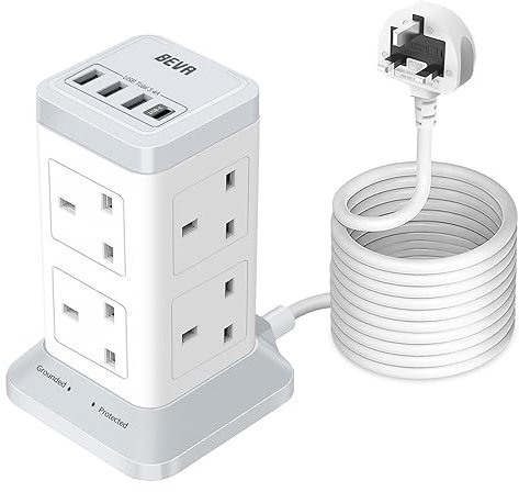 Tower Extension Lead 5M with USB C Slots, BEVA 8 Way Plug Extension Socket with 4 USB Slots and 2100J Surge Protection, UK Extension Tower Power Strip with Switch 5 Metre Cable for Home Office…
