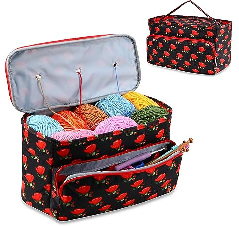 Stricktasche Aufbewahrung, Aufbewahrungstasche für Wolle Tangle Free mit 3 Ösen, Stricken Projekt Tasche und Totes Veranstalter große Stricktasche für Strickprojekte und Zubehör(Rosa)
