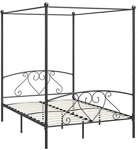Homgoday Himmelbett, grau, aus Metall, 140 x 200 cm, Moskitonetz, Doppelbett, Bettrahmen, Bettrahmen aus Metall, Bett mit Latten für Wohnzimmer, Schlafzimmer