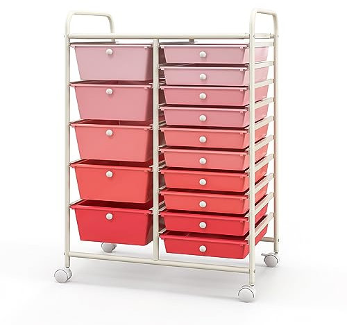 COSTWAY Chariot de Rangement 15 Tiroirs en PP, Tour de Rangement à Roulette, Cadre en Métal, Desserte Meuble Tiroir pour École, Bureau, 63x37x87cm