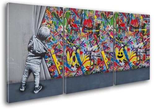 Giallobus - Große Gemälde im XXL-Format - Banksy - Street Art - Kind öffnet den Vorhang - Leinwand - 218x100cm | 3pcs. x 70x100cm - Moderne Gemälde für zu Hause