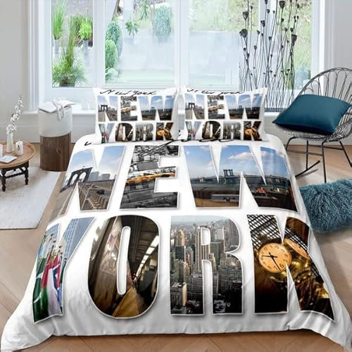 KLJFIGUT Bettwäsche 155x220 New York Weiche Mikrofaser Bettbezug mit Reißverschluss, Bettwäsche-Sets für Kinder - 1 Bettbezüge und 2 Kissenbezüge 80x80 cm