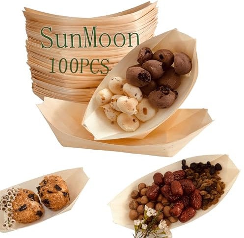 SunMoon 100 Pack Disposable Bamboo Boats Plates and Bows, 22x11cm, Disposable Dishes Serving Platters, Disposable Wooden Boats Plates for Parties, Camping, Wedding, Gardening