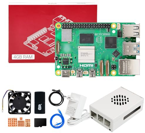 Yahboom Raspberry Pi 5 4GB Starter Kit with 64GB SD Card | Raspberry Pi 5 Aluminum Case Passive Cooling, 27W 5.1V 5A USB C Power Supply, HDMI Cable (4GB-Metal Case Kit)