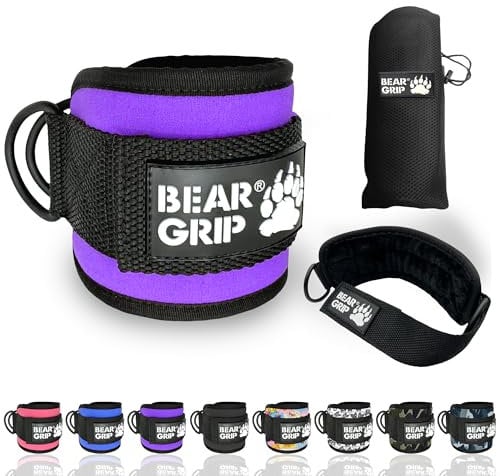BEAR GRIP - Ankle Straps for Cables with New Fleece Design - Strong Closure, Double Stainless Steel D-Ring, Adjustable Neoprene - For Men & Women (Purple - Single)