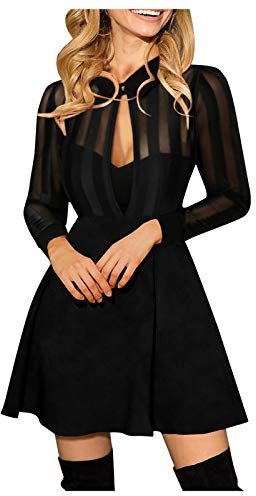 Party Dresses High Neck Hollow Prom Dress Mesh Striped Long Sleeve Dress Ladies Evening Dresses Solid A-Line Women's Dress High Waist Swing Mini Dress Black Bodycon Dress Sexy Dress