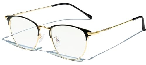 KANASTAL Gold Blue Light Glasses Mens Metallic Half Frame Blue Light Blocking Glasses Womens Metal bluelight Anti Glare Screen TV Computer Gaming - Gold Frame Clear Lens