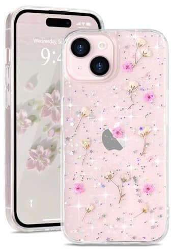 L-FADNUT for iPhone 15 Case, Cute Real Dried Flowers with Sparkle Glitter Design, Clear Shockproof Handmade Pressed Floral Phone Case Silicone Bumper Protective Cover for Women Girls Pink