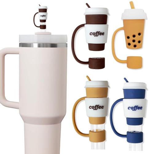CAREOR Straw Covers Cap Adjustable Silicone Straw Topper, Dust-Proof Straw Tips Lids for Stanley Cup 30oz or 40 oz Tumbler, 0.4in/10mm, Reusable Stanley Cup Accessories (4Pack(Coffee+Milk Tea))
