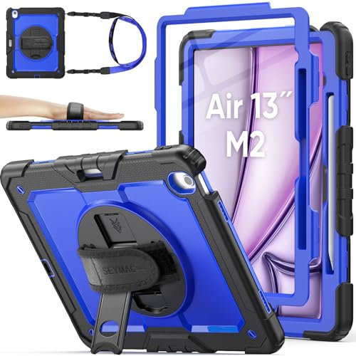SEYMAC stock Coque pour iPad Air 13 Pouces (M3/M2) 2025/2024, Coque Antichoc avec Protecteur D'écran, Support Rotatif à 360°/Dragonne, Porte-Stylet et Bandoulière, Bleu