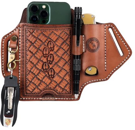 TOURBON Genuine Leather Phone Holster for Belt EDC Pocket Knife Sheath Multitool Pouch Smartphone Case with Key Holder