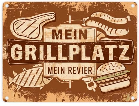 Grillplatz Vintage Metallschild in 15x20 cm - Mein Revier Schild für das Grill-Revier perfekt für Steak Wurst und Fisch Fans