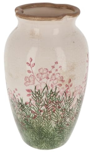 Shudehill Giftware Wild Garden Pretty Floral Pink & Green Design Vase With Neutral Background - Jug, Bouquet or Modern Shape (Frilly Top)