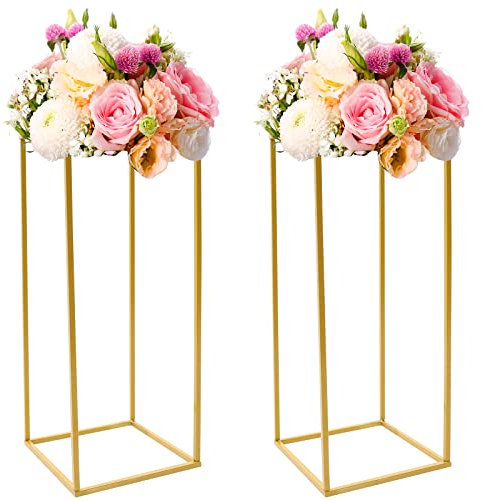 MINRS Metall Goldene Vasen 60cm Hoch Vase Eckiger Deko Pflanzenständer Blumenständer Gold Blumensäulenständer Hochzeits Tischdekoration für Draußen & Innen