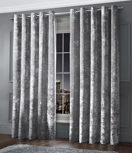 Intimates Luxury Fully Lined Thick Crushed Velvet Ringtop Pair of Curtains Eyelet Curtain Panels Dimout Window Treatment (Silver Grey, W 66 x L 90 (2 Panels))