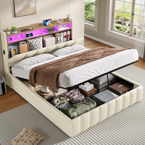 KIMENICH Bett mit LED Beleuchtung, Hydraulisches Bett 140 x 190 cm, Polsterbett, Regalkopfteil mit Stauraum, Bettgestell mit Lattenrost, bequem, für Schlafzimmer, Gästezimmer, PU Weiß