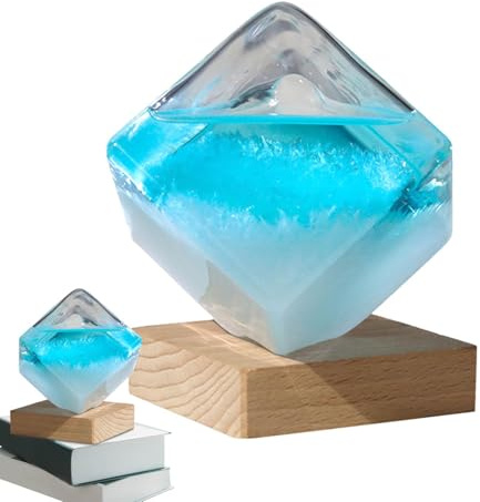 YNPQTDS Verre tempête pour prévisions météorologiques, cube en verre tempête, tempête, station météo créative, prévisions météo avec socle en bois, station météo boule en verre