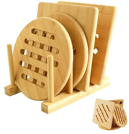 4 Pack Non-Slip Heat Resistant Pad with 1 Storage Rack, Easy to Clean Home Kitchen Hot Pans Wooden Holders, Multi-Purpose Square and Round Natural Bamboo Trivets for Hot Bowl, Pots,Teapot, Dishes