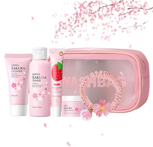 Japan Sakura Skincare Set für Teenager-Mädchen, Sakura Hautpflege Set Geschenkset Frauen, Anti-Aging Gesichtspflege Set, Skin Care Geschenke Set - Cleanser Toner Creme Lip Mask Make-up-Tasche