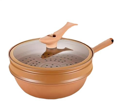 Iron Wok with Lid - Nonstick Frying Pan and Steamer Cooking | Iron Wok Non Stick | Wok with Steamer Basket | Iron Steaming and Cooking Frying Wok Flat Bottom for Home