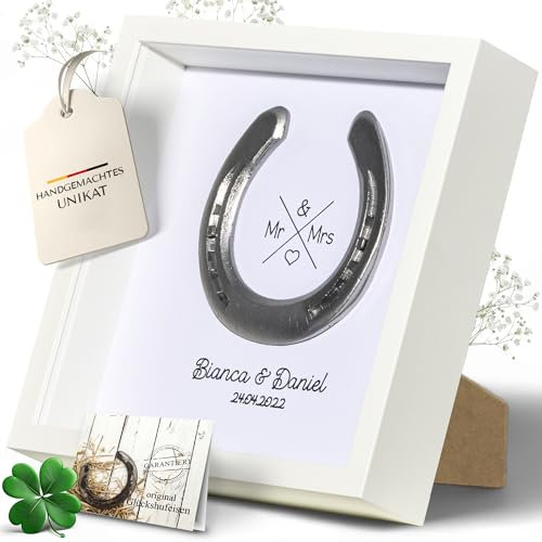 Hochzeitsgeschenk | Hufeisen im Bilderrahmen | Glückshufeisen mit Personalisierung | Personalisiertes Geschenk zur Hochzeit | Persönliches Geschenk Brautpaar | Geschenk Namen