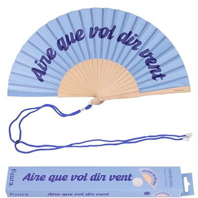 Fisura – Originaler Holzfächer mit der Aufschrift aire que vol dir vent“. Moderner, farbenfroher Handfächer in Blau mit praktischem Aufhänger. Maße: 42,5 x 23 cm