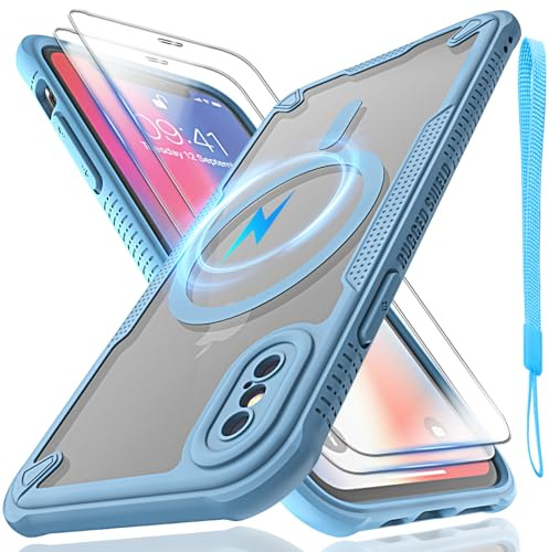 for iPhone X/Xs Case, Translucent Matte Back Compatible with Magsafe Magnetic Slim Shockproof Protective Case with Lanyard Strap and 2*9H Tempered Glass Screen Protector Phone Cover 5.8-inch-Blue