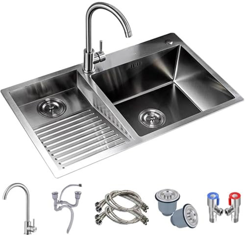 Fregadero De Cocina De Acero Inoxidable 304 De Grado Profesional, Tazón Extragrande Simple/Doble con Tabla De Lavar, Fregadero De Lavandería Resistente (Silver 90x48x21cm)