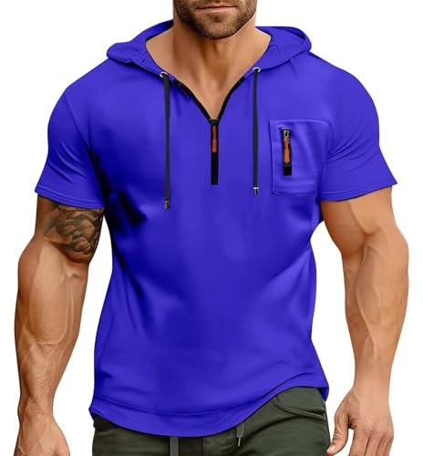 T Shirt Herren mit Kapuze Kurzarm Kapuzenpullover mits Taschen Kordelzug Sommer Kurz Hoodie Sport Tshirt Personalisierte Kapuzenshirt Freizeit Sweatshirt Atmungsaktives Sportshirt(Royal Blue,XXL)