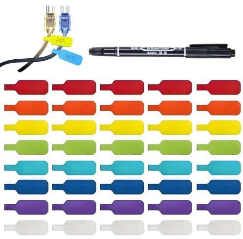 VEGCOO 40pcs Cable Cord Labels Colorful Write On Cord Labels Reusable Wire Label Self Adhesive Label Hand-Writing Tag for Computers Cables Management and Identification (1*Pen Included)