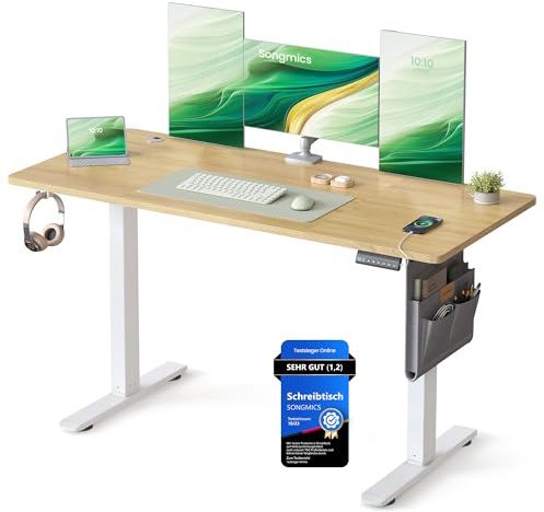 SONGMICS Höhenverstellbarer Schreibtisch elektrisch, 140 x 60 cm, Memory-Funktion mit 4 Höhen, USB-C-Anschluss, goldeichenfarben LSD134YA01