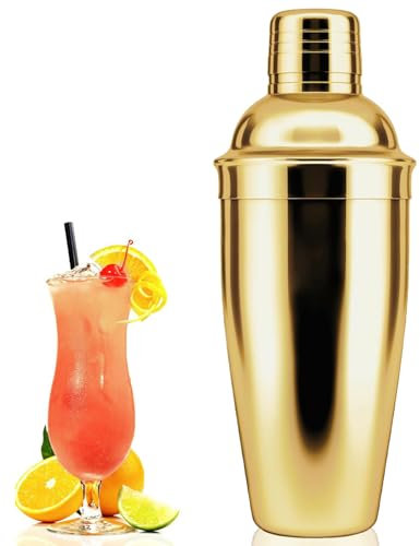 Coctelera, 750 ML Coctelera de Cóctel con Colador, Cocktelera Martini de Acero Inoxidable, Profesionales Herramientas de Bar, para Bebidas Mixtas, Hogar, Cumpleaños, Navidad(Oro)