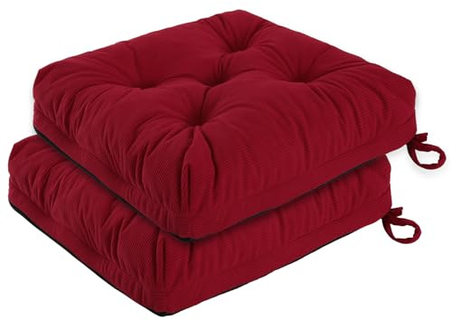 PRIMEPATIO Dining Chair Cushions Set Of 2, 40x40cm, 8cm Thick, Red | Tufted Overstuffed Foam Seat Pads With Ties and Non Slip Design For Kitchen, Garden and Dining Chairs