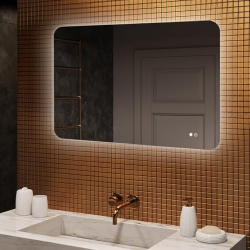 Artforma Badspiegel 100x70 cm Rund MAGARTFORMA108-SJYA9-100x70 | Badspiegel mit Beleuchtung und Beheizt, Badezimmerspiegel, Spiegel Bad mit Licht, 100x70 cm, Abgerundet, mit Touchschalter